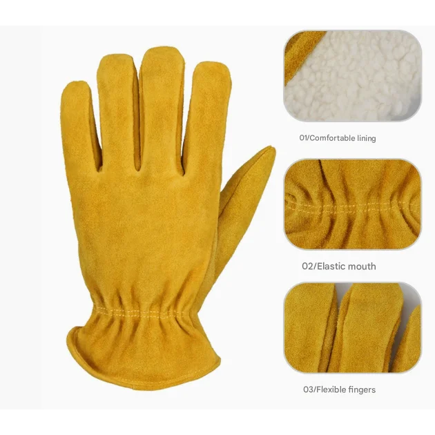 L Coffee Durable Cowhide Work Gloves - Insulated Windproof