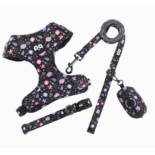 L Crushed Black Adjustable Soft Pet Harness with Leash &