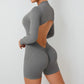 L Grey Backless Scrunch Butt Workout Jumpsuit - Long-Sleeve