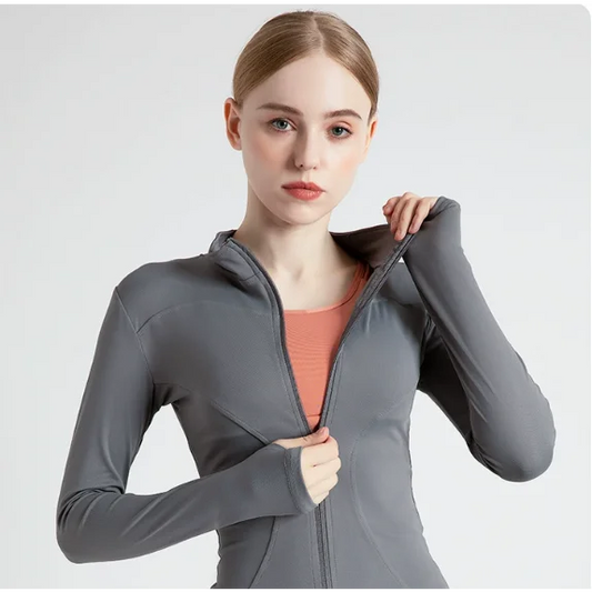L Grey High-Stretch Slim Fit Yoga Jacket - Full Zip Workout
