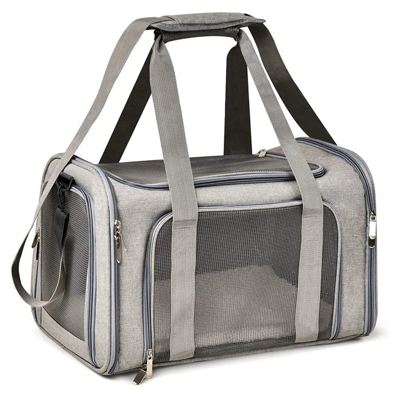 L Grey Portable Foldable Pet Carrier Bag - Large Capacity