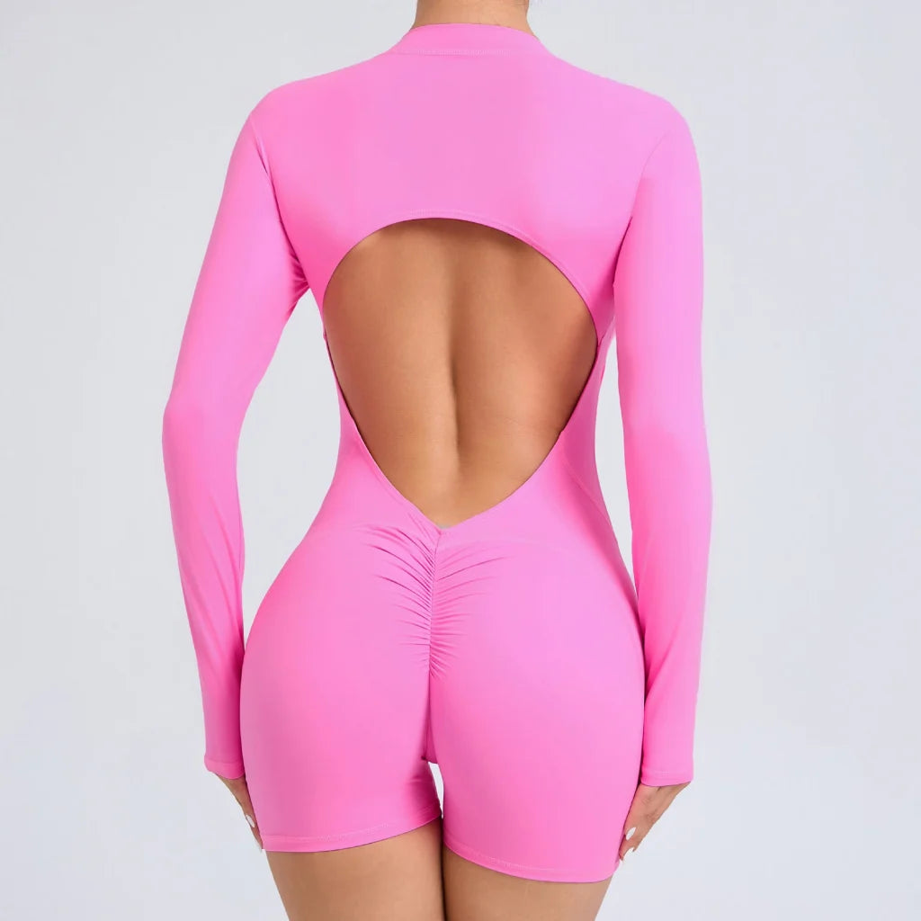 L Pink Backless Scrunch Butt Workout Jumpsuit - Long-Sleeve