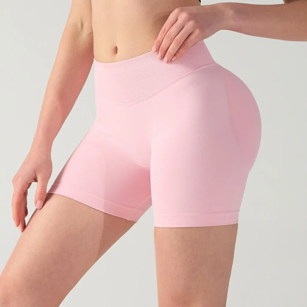 L Pink High-Elastic Hip Yoga Shorts - Seamless