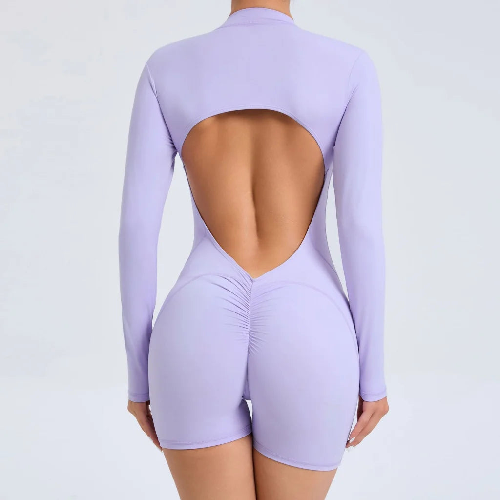 L Purple Backless Scrunch Butt Workout Jumpsuit