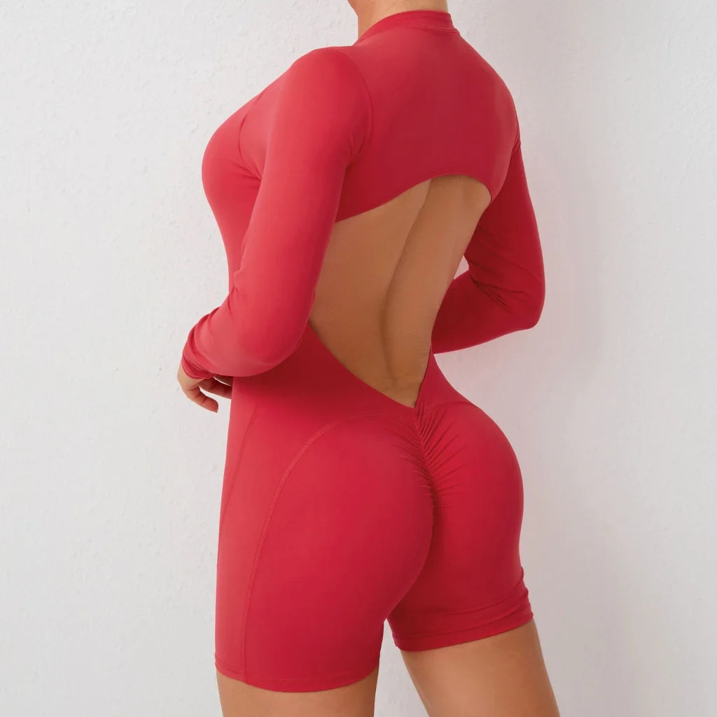 L Red Backless Scrunch Butt Workout Jumpsuit - Long-Sleeve