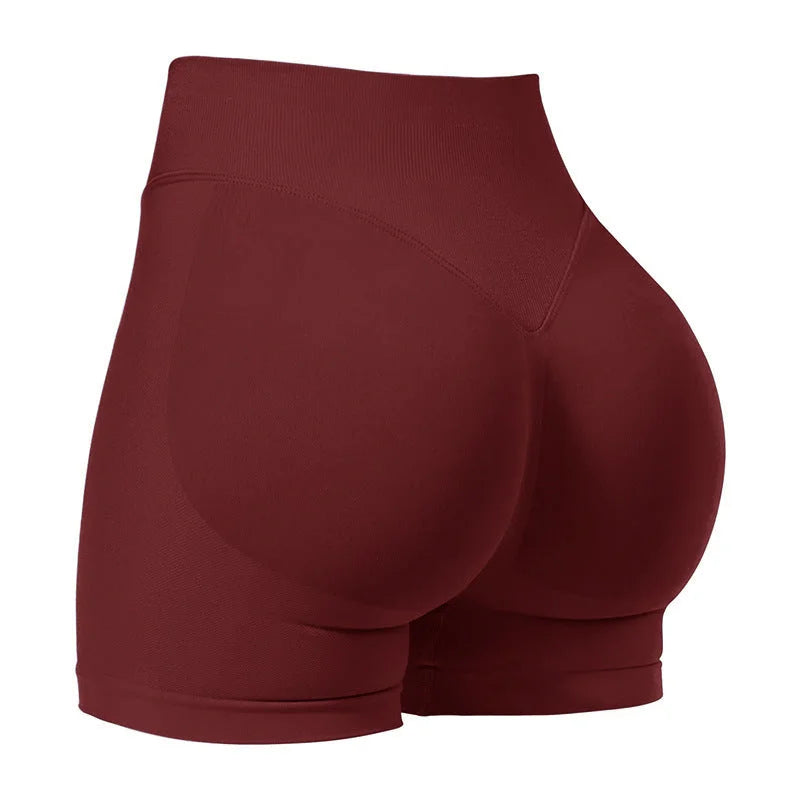 L Wine Red High-Elastic Hip Yoga Shorts - Seamless