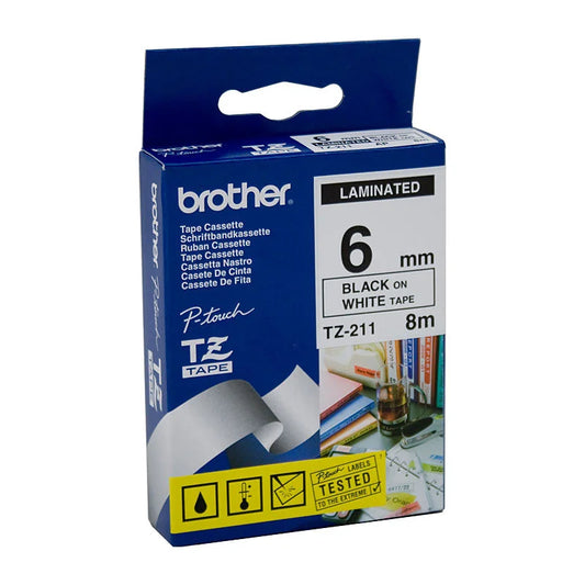 Labelling Tape BROTHER TZe211 - 6mm Black on White TZE Tape