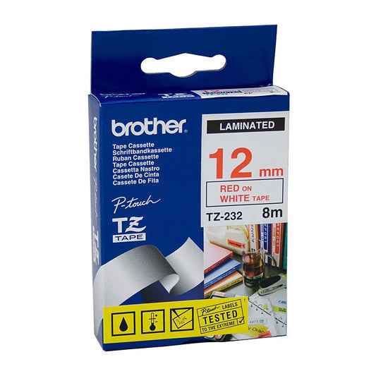 Labelling Tape BROTHER TZe232 - 12mm Red on White TZE Tape