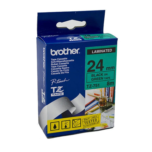 Labelling Tape BROTHER TZe751 - 24mm Black on Green TZE Tape