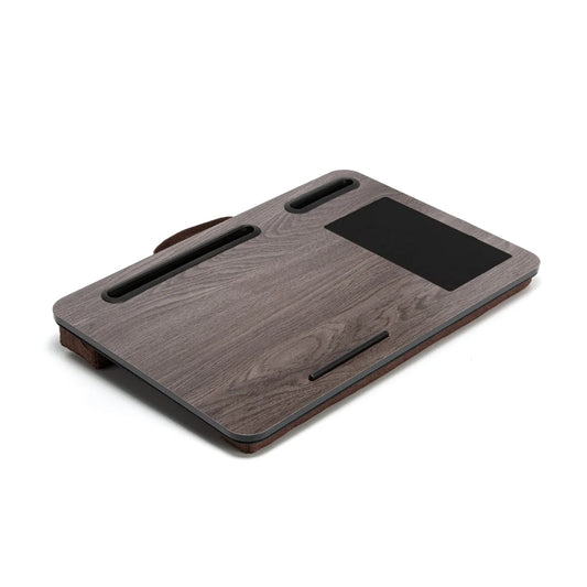 Grey laptop desk with work surface and storage section