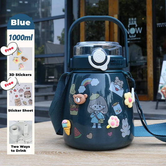 Large 1000ml Stainless Steel Water Bottle with Straw & Free