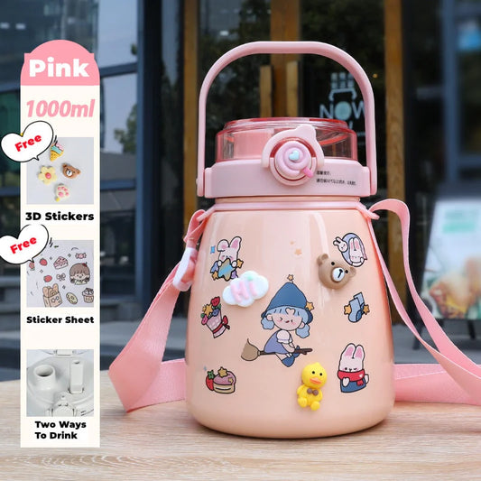 Large 1000ml Stainless Steel Water Bottle with Straw & Free