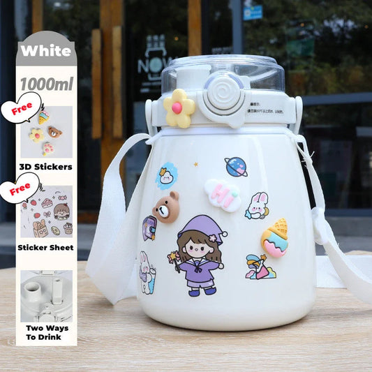 Large 1000ml Stainless Steel Water Bottle with Straw & Free