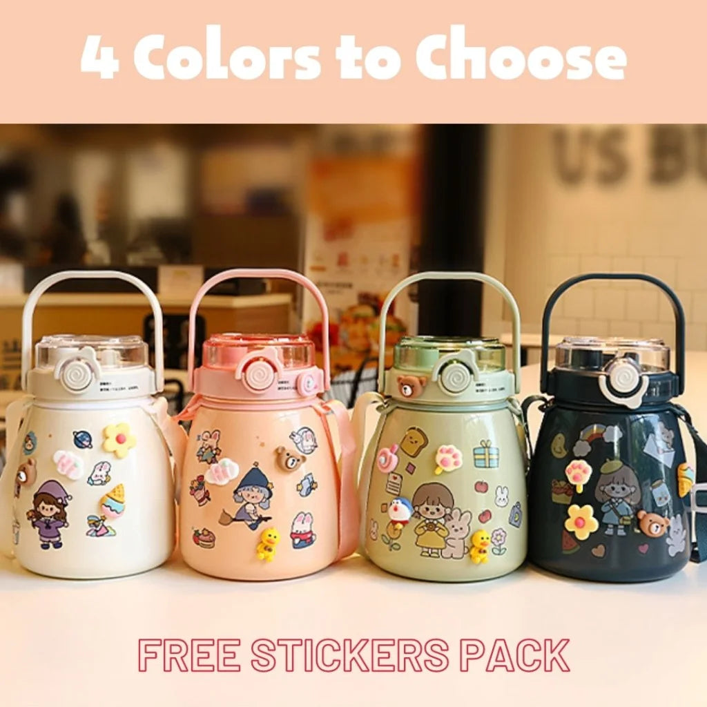 Large 1000ml Stainless Steel Water Bottle with Straw & Free