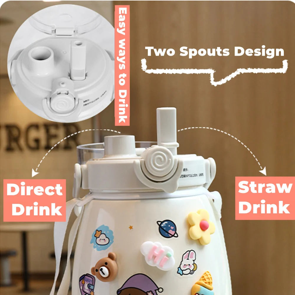 Large 1000ml Stainless Steel Water Bottle with Straw & Free