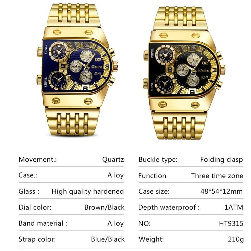Large Dial Multi Time Zone Men Quartz Watch with Luminous