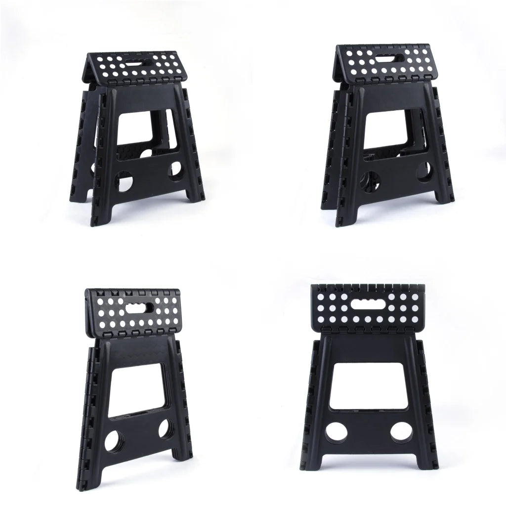 Black plastic chair with large folding stool store