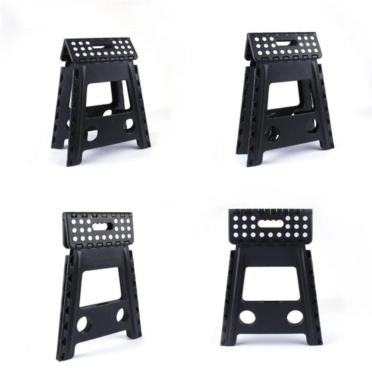 Black plastic chair with large folding stool store