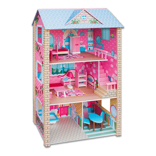 Large Wooden Dolls Doll House 3 Level Kids Pretend Play