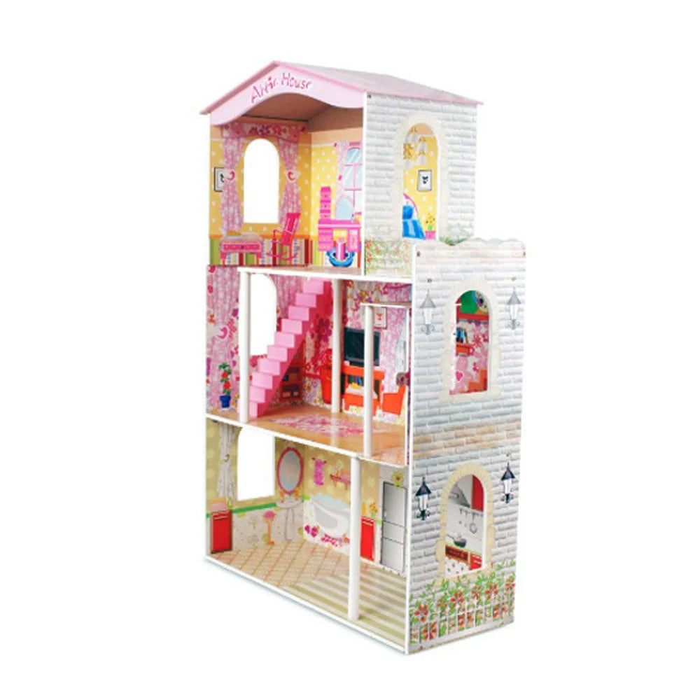 Large Wooden Dolls Doll House 3 Level Kids Pretend Play