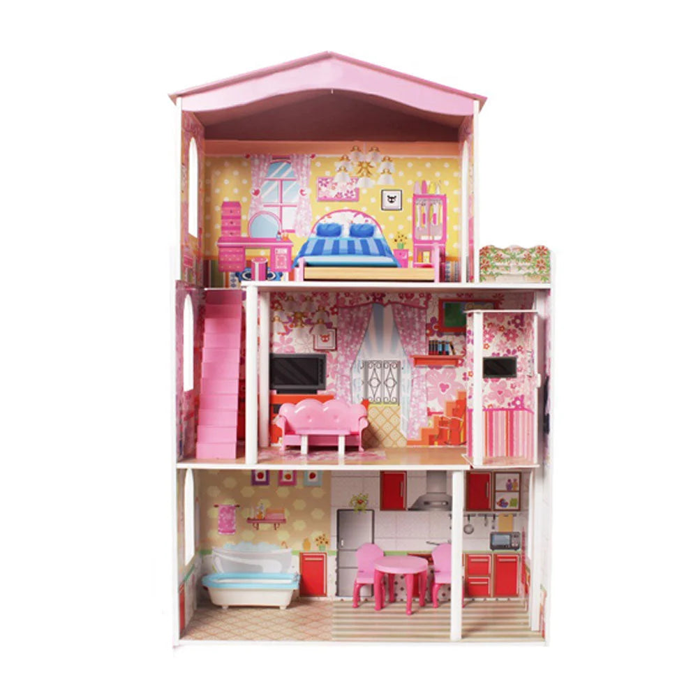 Large Wooden Dolls Doll House 3 Level Kids Pretend Play