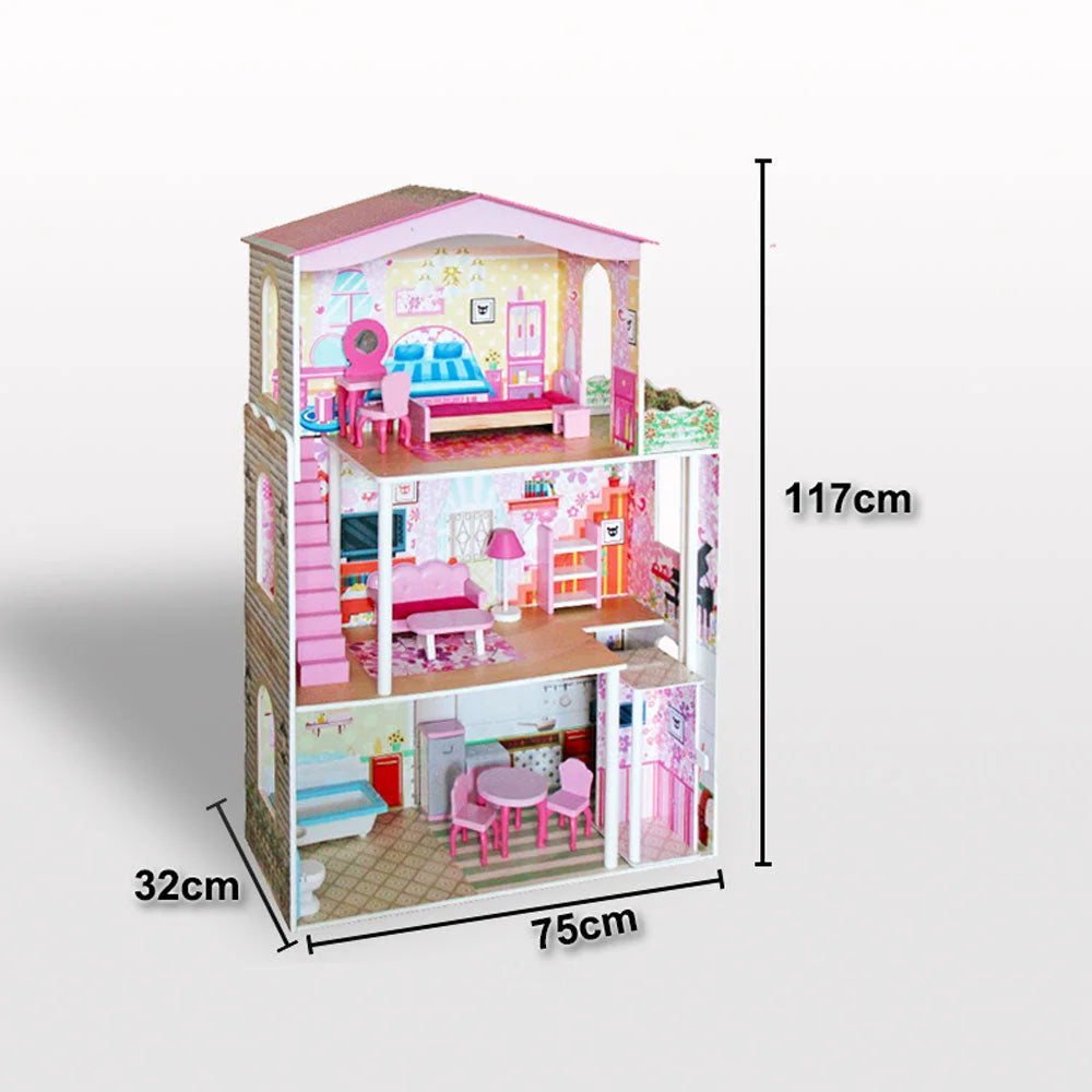Large Wooden Dolls Doll House 3 Level Kids Pretend Play
