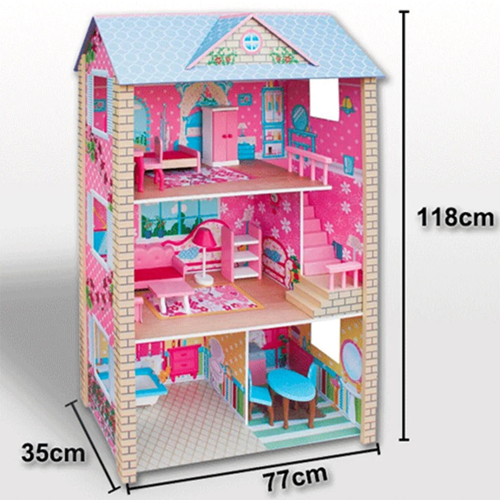 Large Wooden Dolls Doll House 3 Level Kids Pretend Play