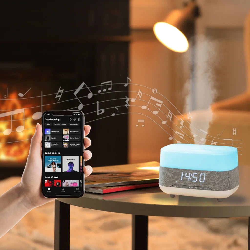 Laser Ambient Diffuser Clock Radio with Bluetooth Speaker and Light