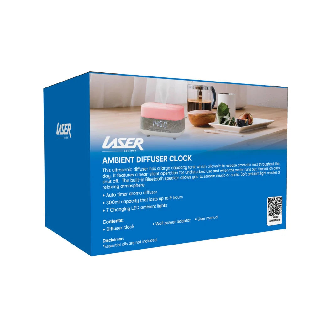 Laser Ambient Diffuser Clock Radio with Bluetooth Speaker &