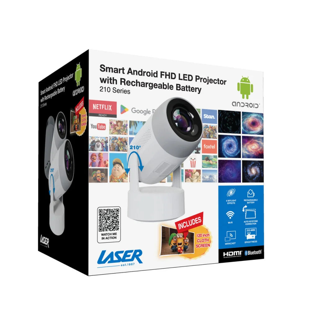 Laser Android LED Projector with Battery 1080p - Audio &