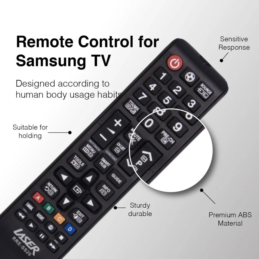 Laser remote control with front controls and casing details