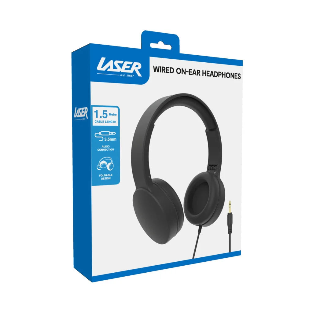 Black 40mm laser wired headphones with attachment points and product body