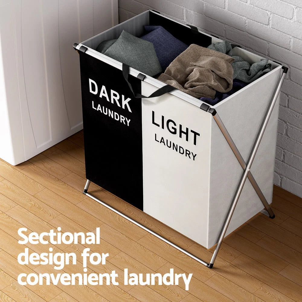 Laundry hamper with fabric compartments and carry handles