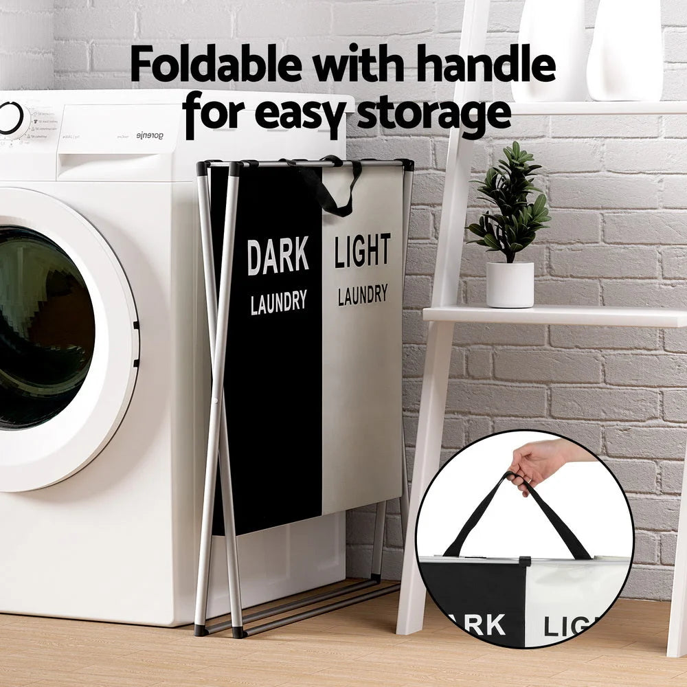 Laundry hamper with divided clothes hamper and bamboo top rail