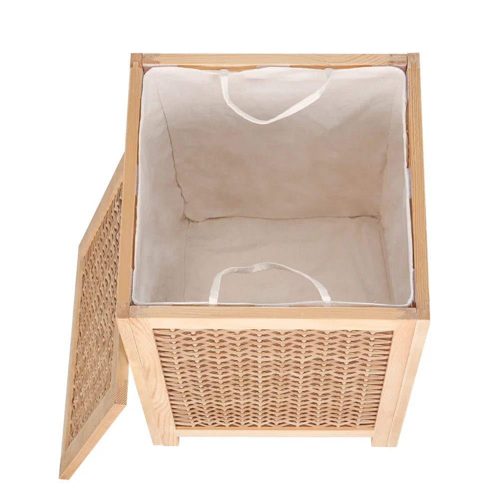 Wooden laundry hamper with fabric compartments and carry handles