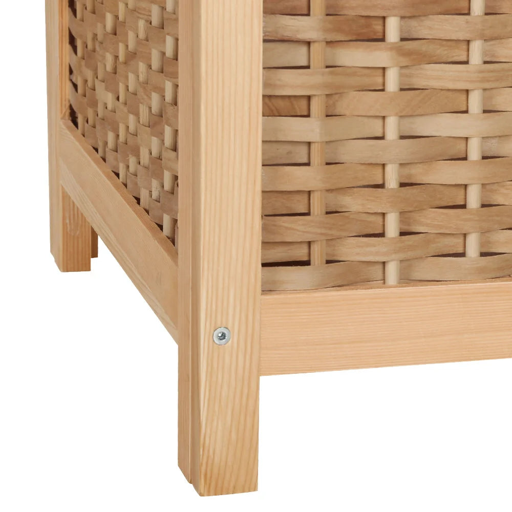 Wooden laundry hamper with woven laundry basket and lift-out liner