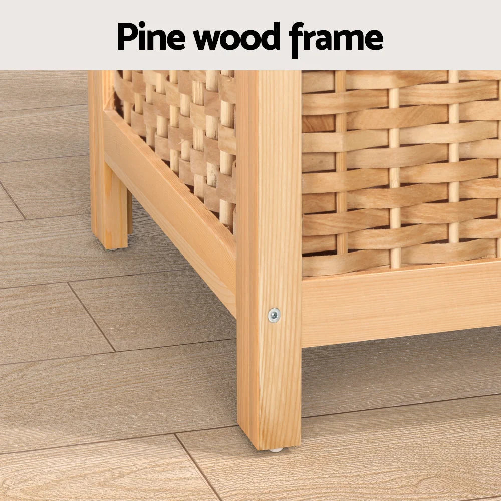 Wooden laundry hamper with divided clothes hamper and bamboo top rail