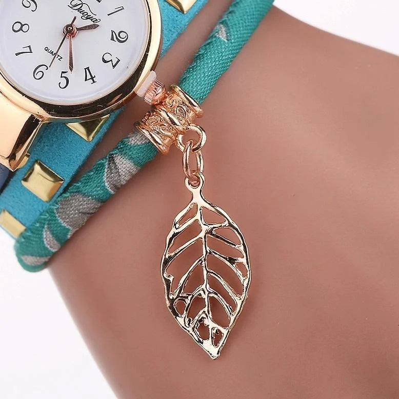 Leaf Pendant Quartz Bracelet Watch for Women - Black