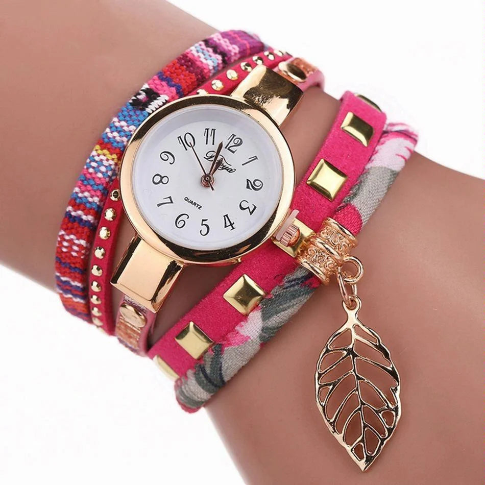 Leaf Pendant Quartz Bracelet Watch for Women - Red