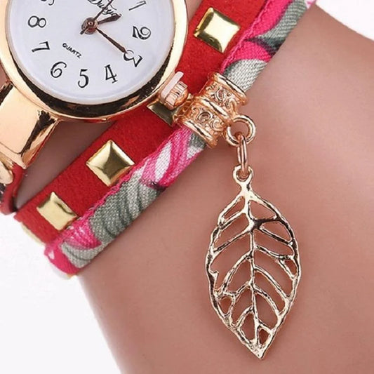 Leaf Pendant Quartz Bracelet Watch for Women - Red