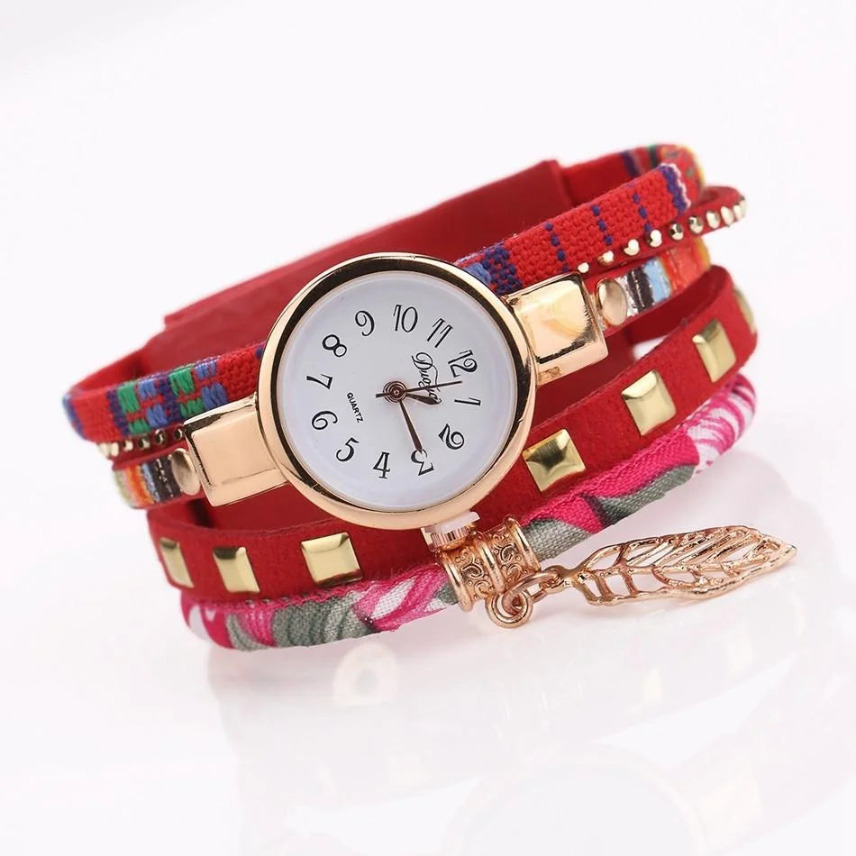 Leaf Pendant Quartz Bracelet Watch for Women - Rose Red