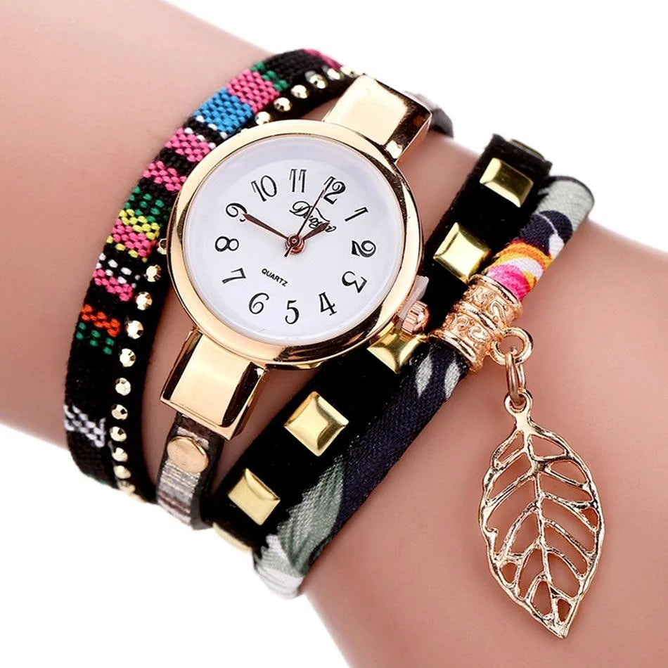 Leaf Pendant Quartz Bracelet Watch for Women - Rose Red