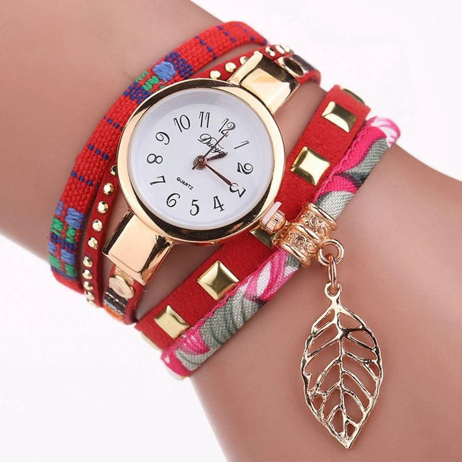 Leaf Pendant Quartz Bracelet Watch for Women - Rose Red