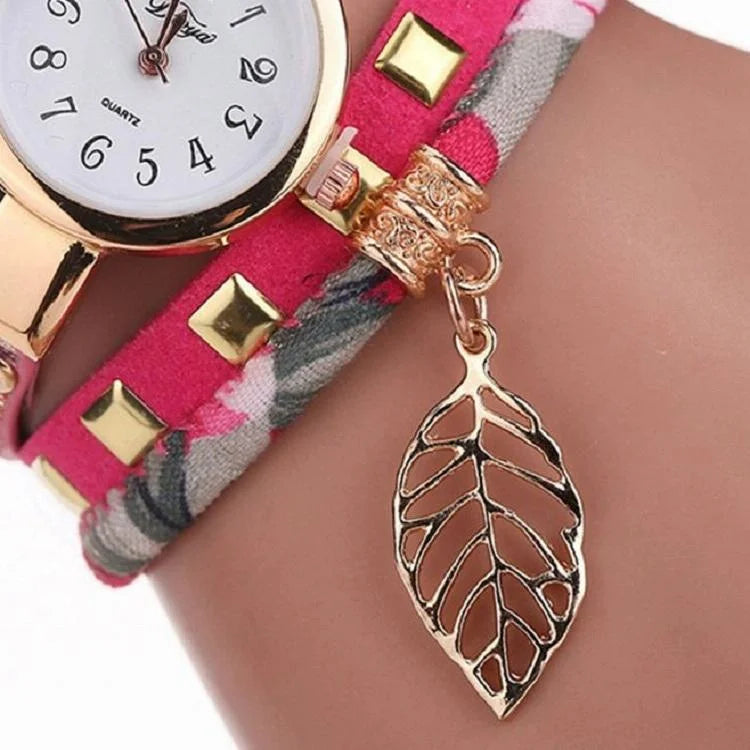 Leaf Pendant Quartz Bracelet Watch for Women - Rose Red
