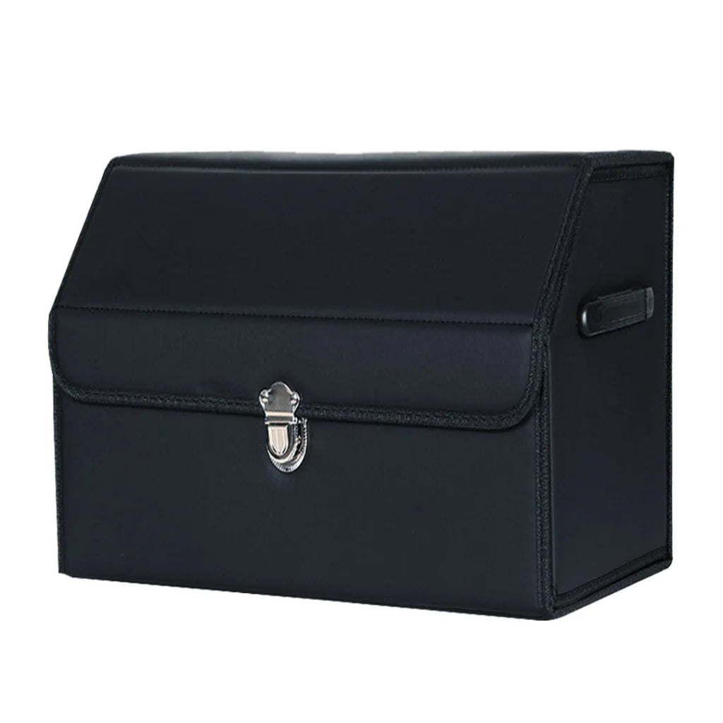 Leather Car Boot Organizer Premium Collapsible Foldable Trunk Cargo Storage Box with Lock Black Small