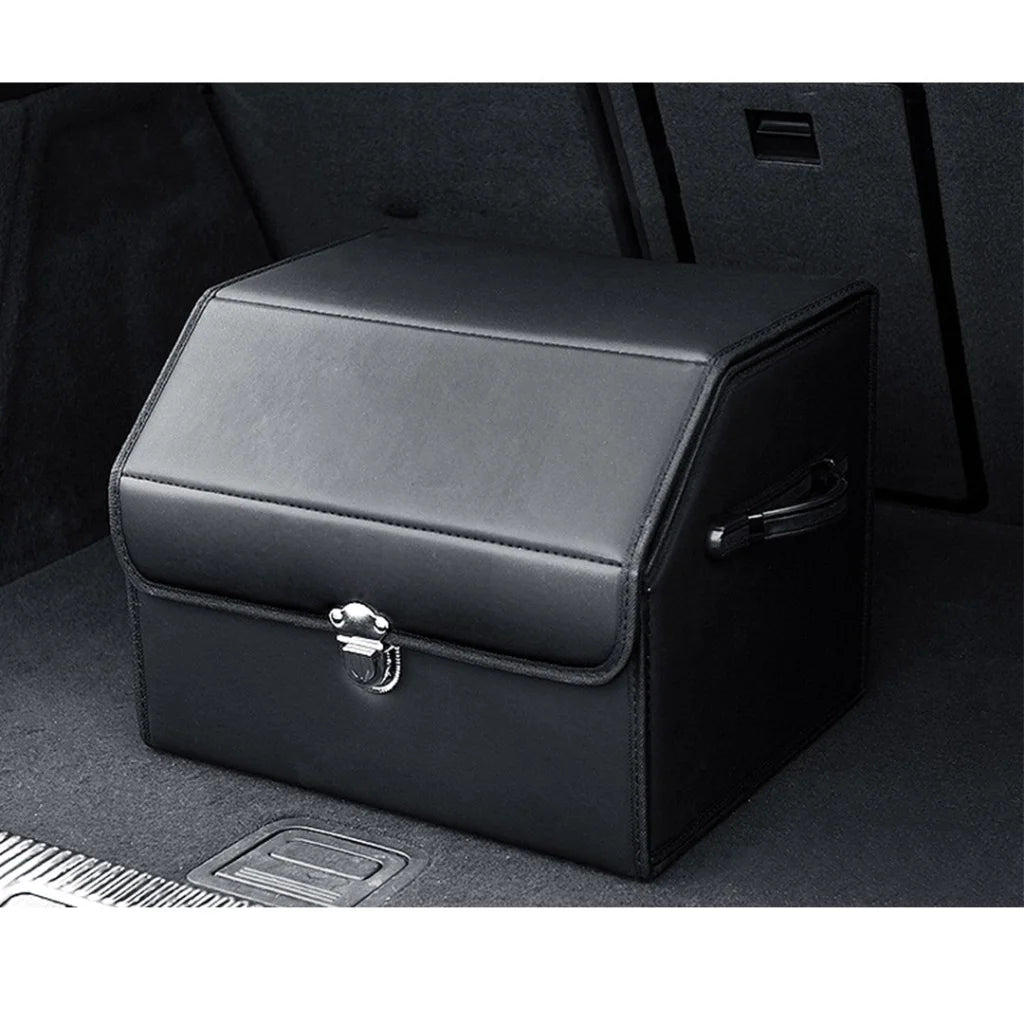 Leather Car Boot Organizer Premium Collapsible Foldable Trunk Cargo Storage Box with Lock Black Small