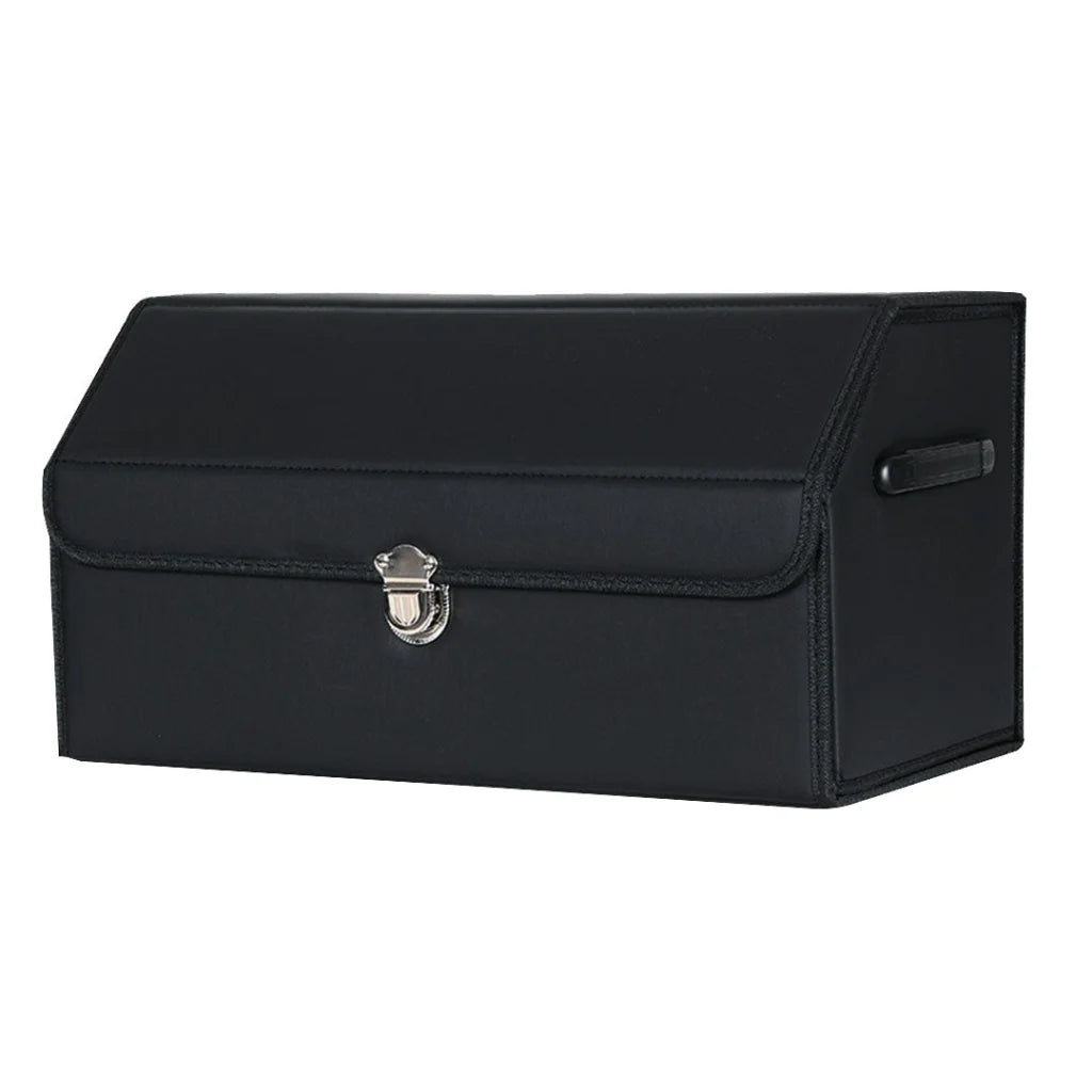 Leather Car Boot Organizer Premium Collapsible Foldable Trunk Cargo Storage Box with Lock Black Medium