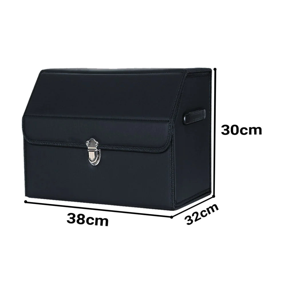 Leather Car Boot Organizer Premium Collapsible Foldable Trunk Cargo Storage Box with Lock Black Small