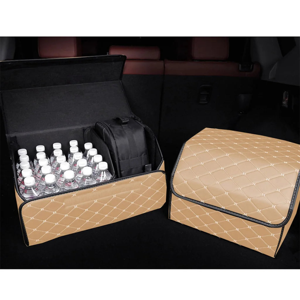 Leather Car Boot Trunk Cargo Organizer 2X Collapsible Foldable Storage Box Beige/Gold Stitch Large