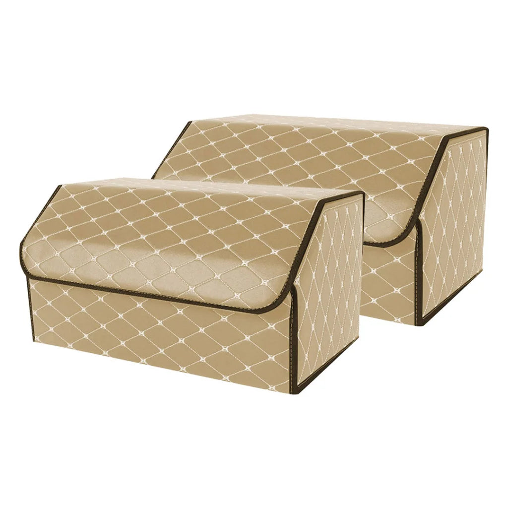 Leather Car Boot Trunk Cargo Organizer 2X Collapsible Foldable Storage Box Beige/Gold Stitch Large